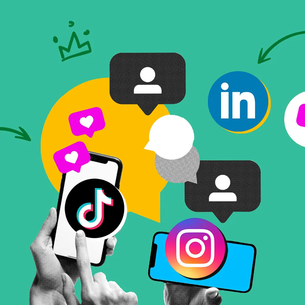Social media marketing with TikTok, Instagram, and LinkedIn icons.