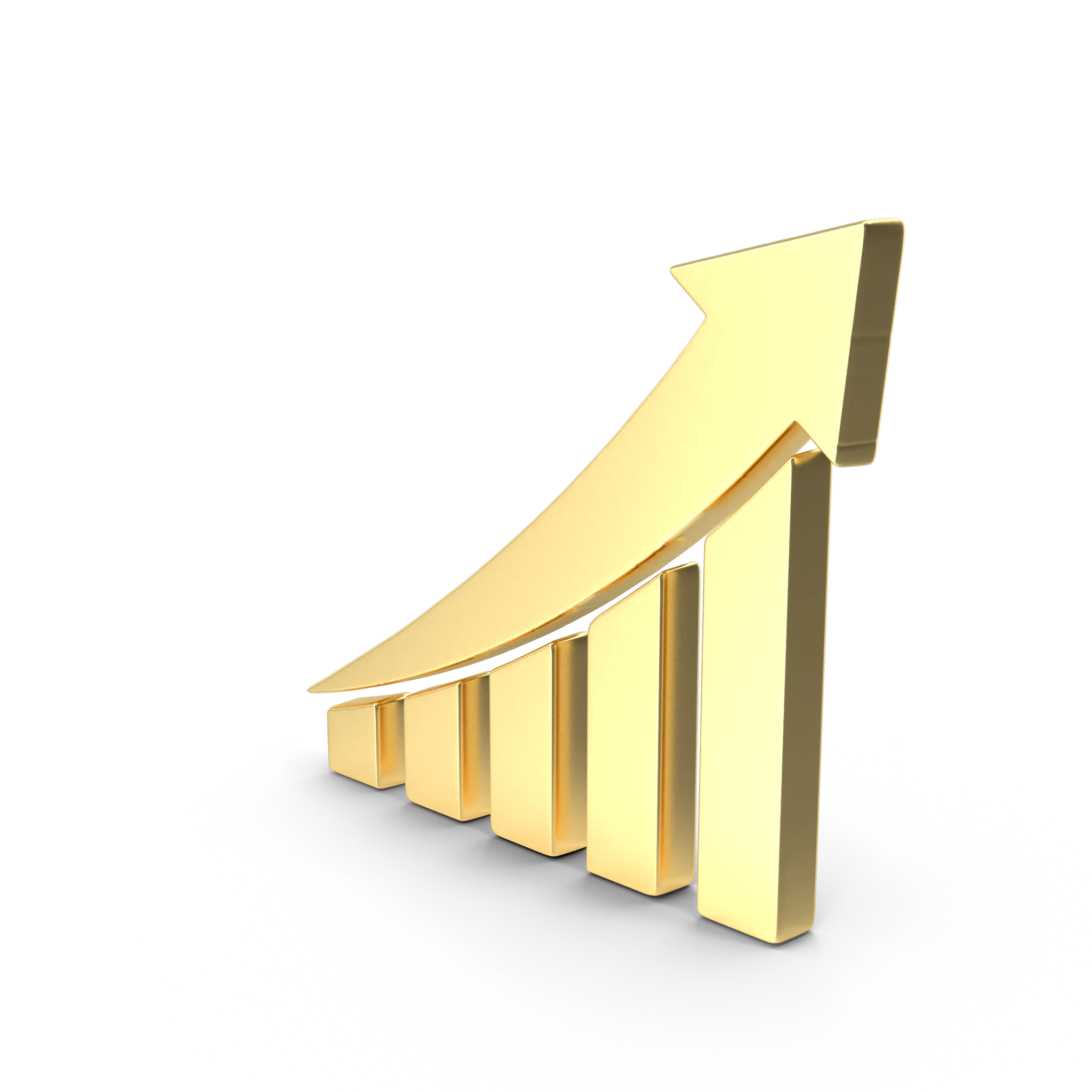 Golden 3D bar chart with an upward arrow symbolizing growth